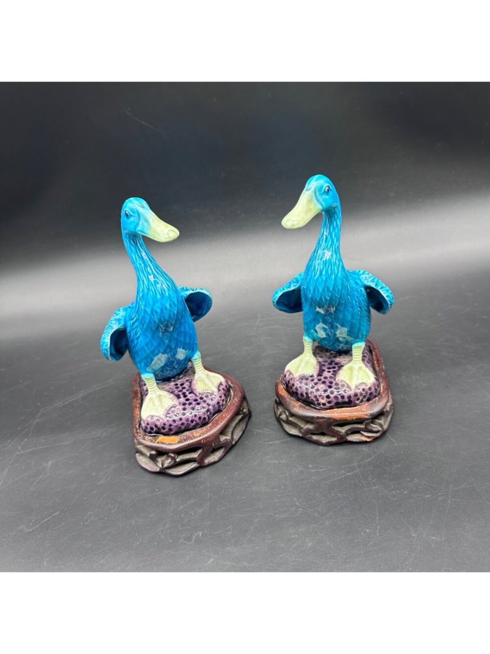 Antique Chinese Turquoise Blue Porcelain Duck Figurines Wooden Bases Set Of Two
